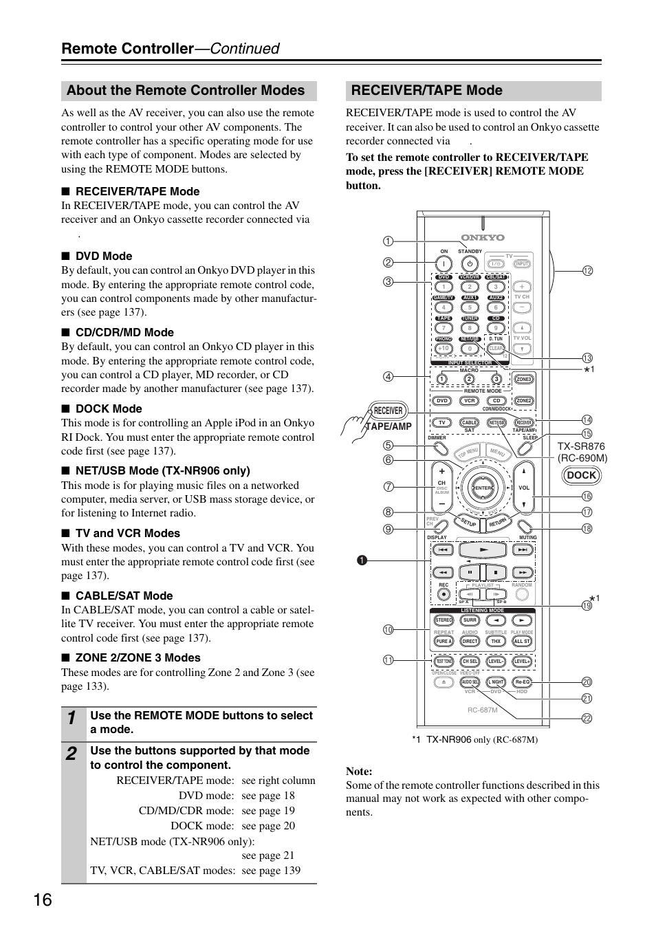 About the remote controller modes, Receiver/tape mode, Remote controller —continued | Ck bt cl cm, Use the remote mode buttons to select a mode | Onkyo TX-SR876 User Manual | Page 16 / 150