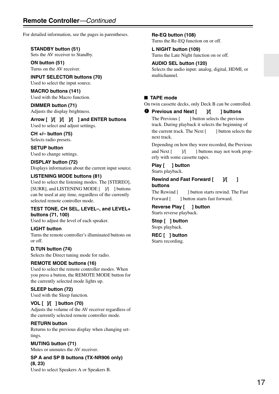 Remote controller —continued | Onkyo TX-SR876 User Manual | Page 17 / 150