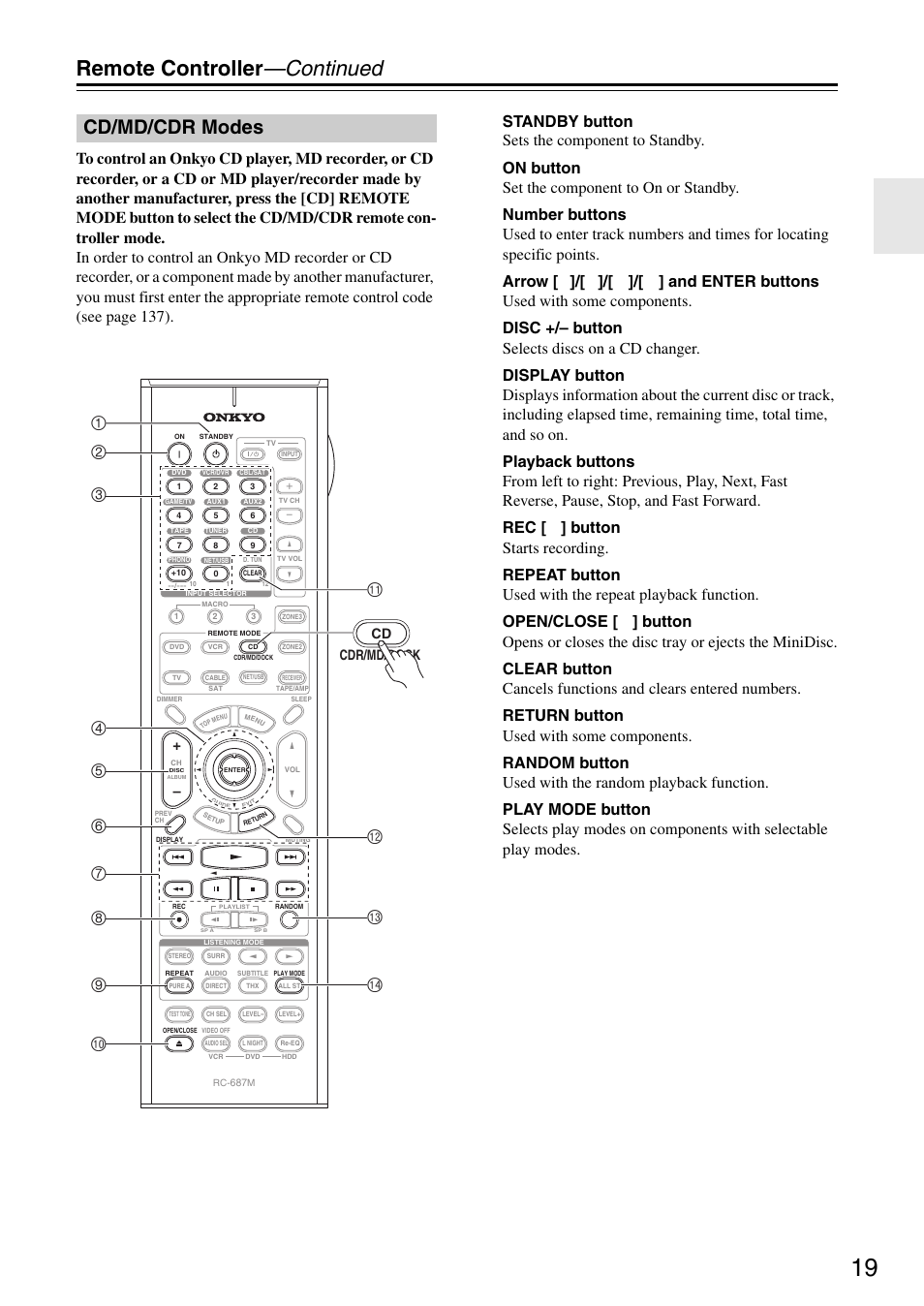 Cd/md/cdr modes, Remote controller —continued, Bl bm bn bo 6 7 8 9 | Cdr/md/dock cd | Onkyo TX-SR876 User Manual | Page 19 / 150