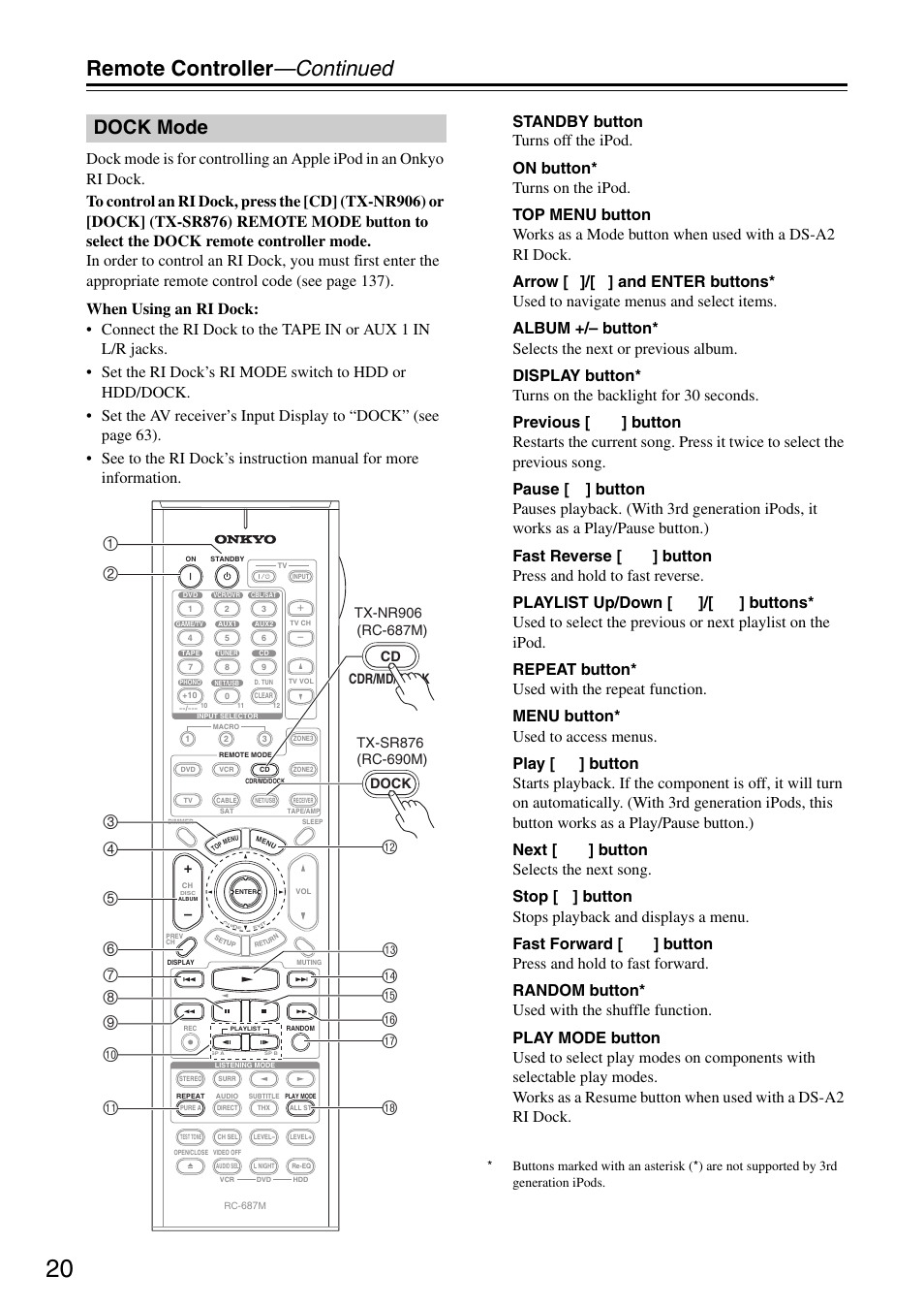 Dock mode, Remote controller —continued, Bo 4 5 3 | Onkyo TX-SR876 User Manual | Page 20 / 150