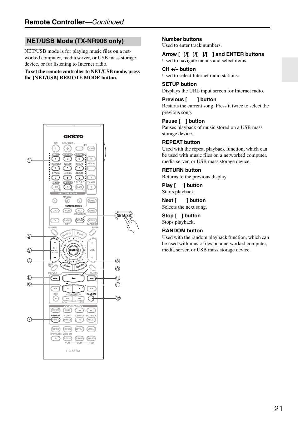 Net/usb mode (tx-nr906 only), Remote controller —continued, Net/usb | Onkyo TX-SR876 User Manual | Page 21 / 150