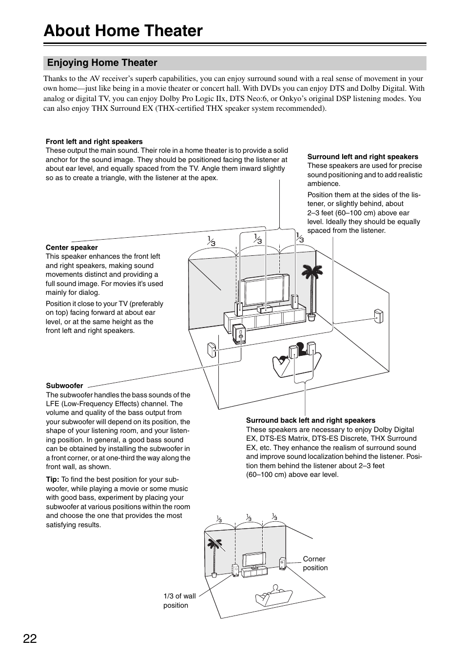 About home theater, Enjoying home theater | Onkyo TX-SR876 User Manual | Page 22 / 150
