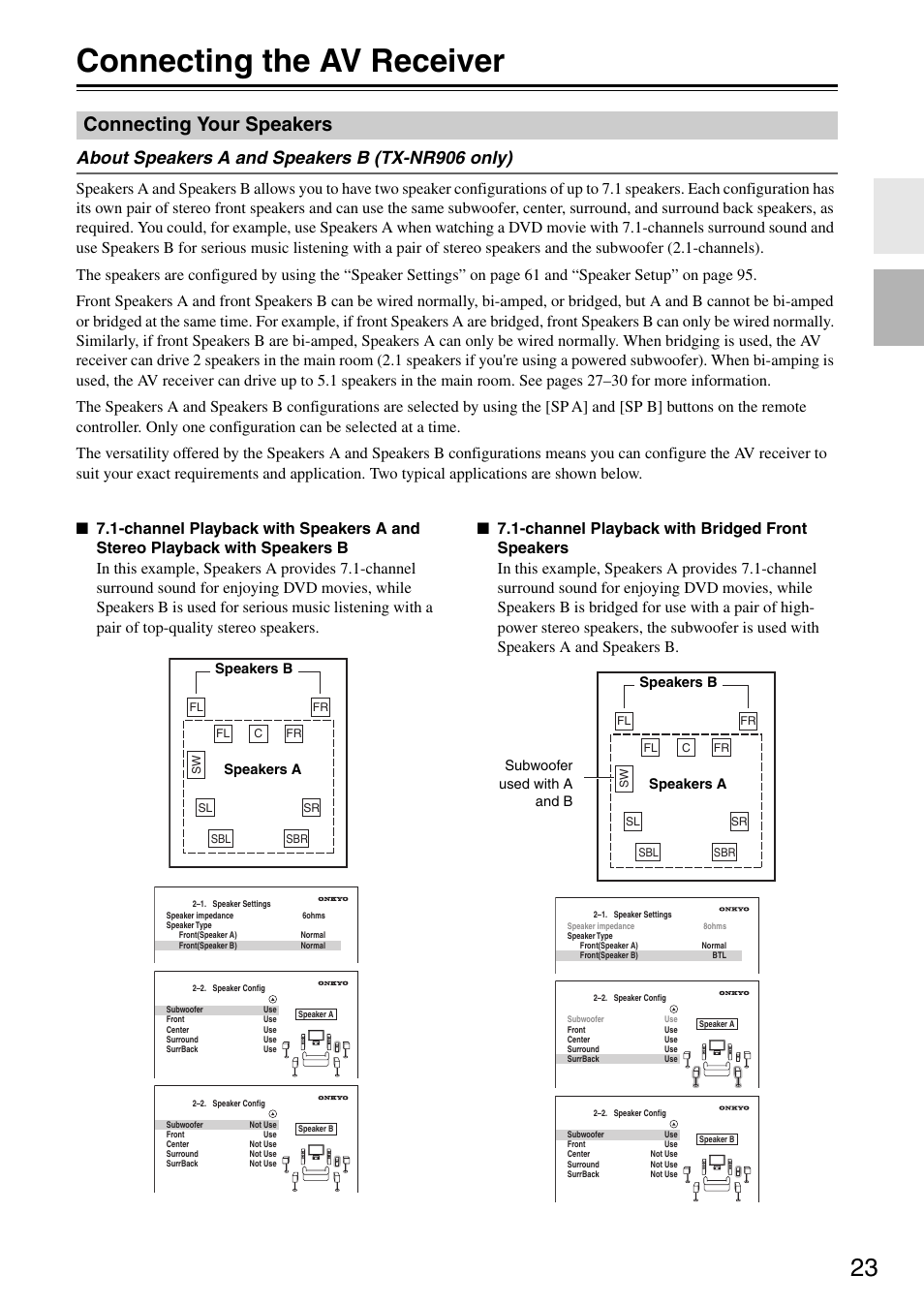 Connecting the av receiver, Connecting your speakers, Connection | About speakers a and speakers b (tx-nr906 only) | Onkyo TX-SR876 User Manual | Page 23 / 150