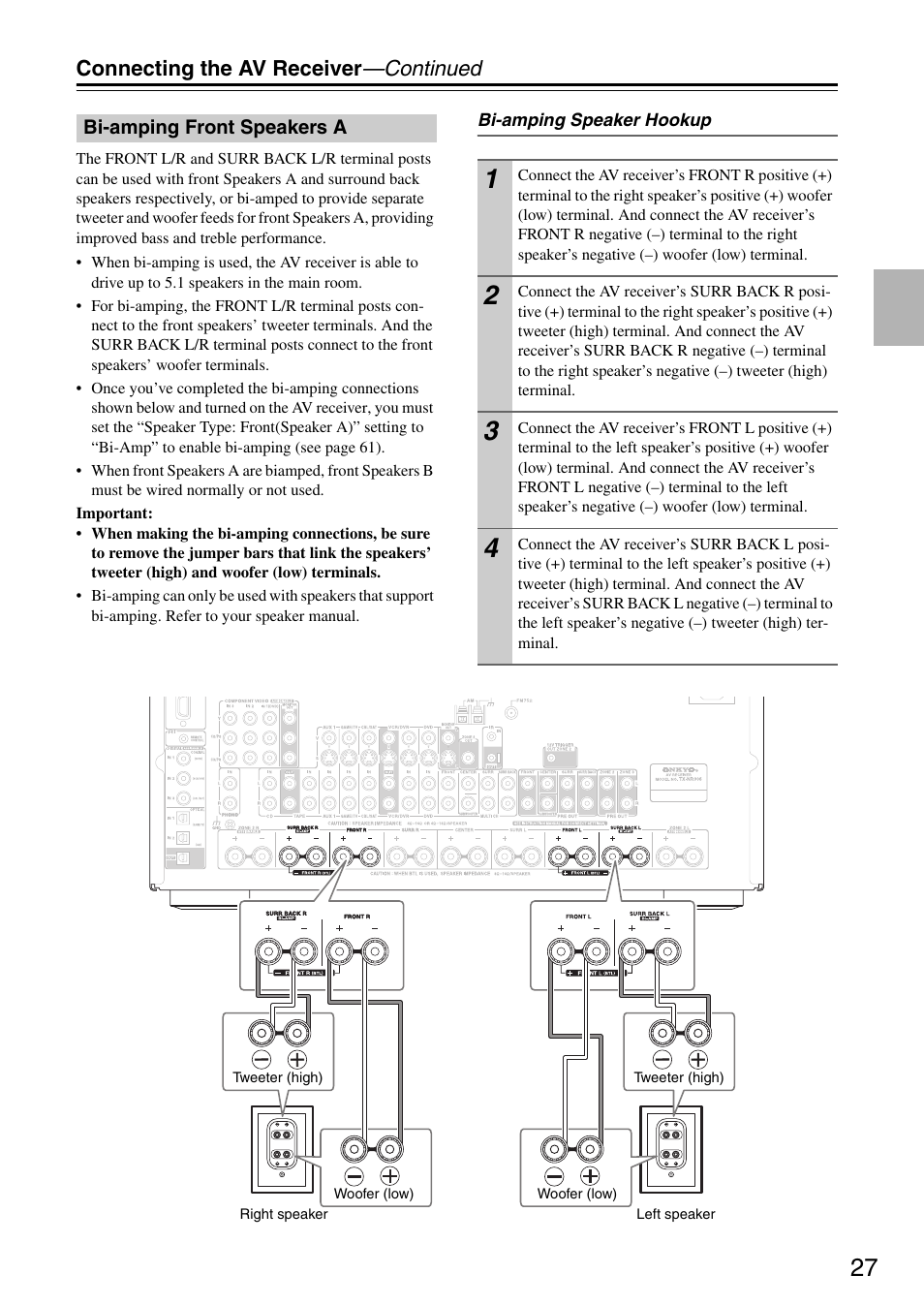 Bi-amping front speakers a, Connecting the av receiver —continued | Onkyo TX-SR876 User Manual | Page 27 / 150