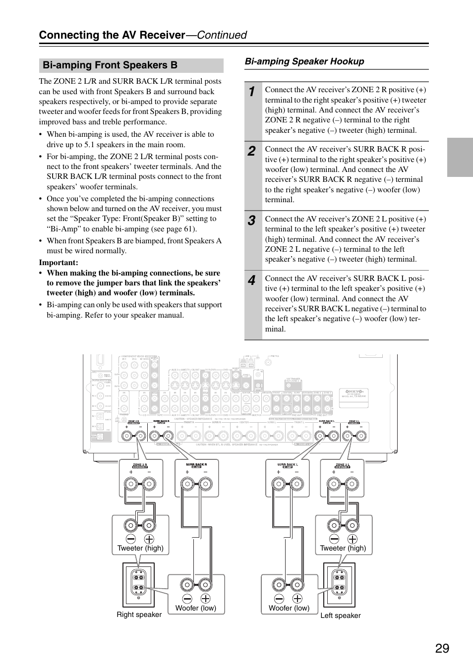 Bi-amping front speakers b, Connecting the av receiver —continued | Onkyo TX-SR876 User Manual | Page 29 / 150