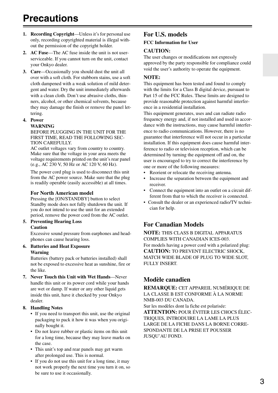 Precautions, For u.s. models, For canadian models | Modèle canadien | Onkyo TX-SR876 User Manual | Page 3 / 150