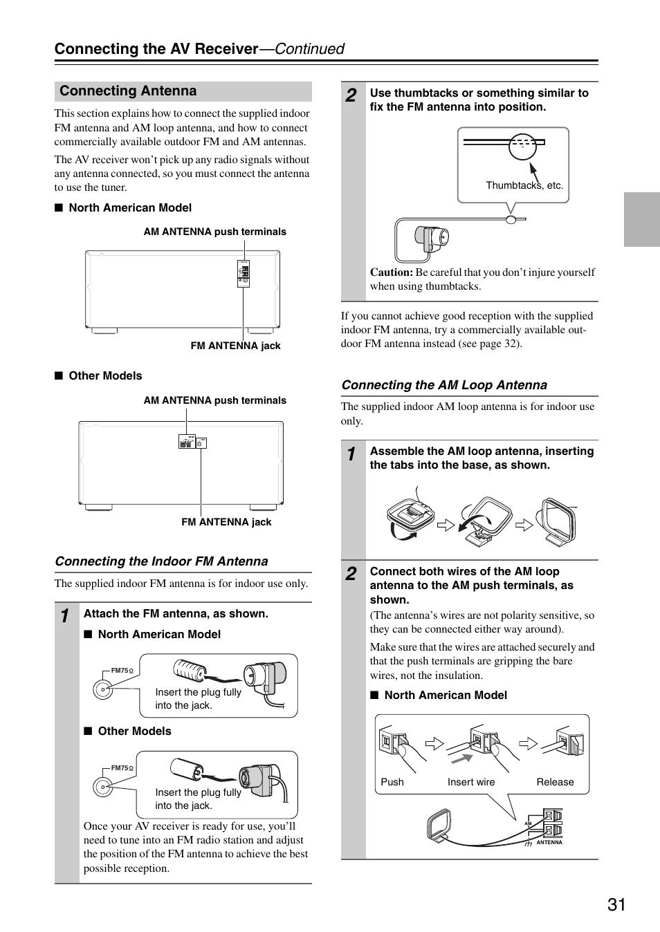 Connecting antenna, Connecting the av receiver —continued | Onkyo TX-SR876 User Manual | Page 31 / 150