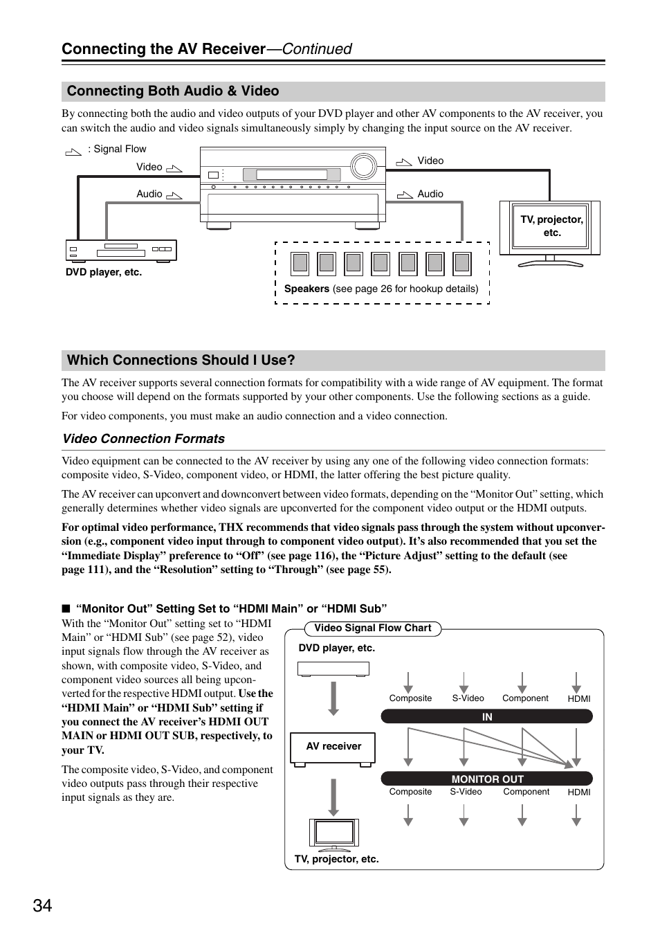 Connecting both audio & video, Which connections should i use, Connecting the av receiver —continued | Onkyo TX-SR876 User Manual | Page 34 / 150