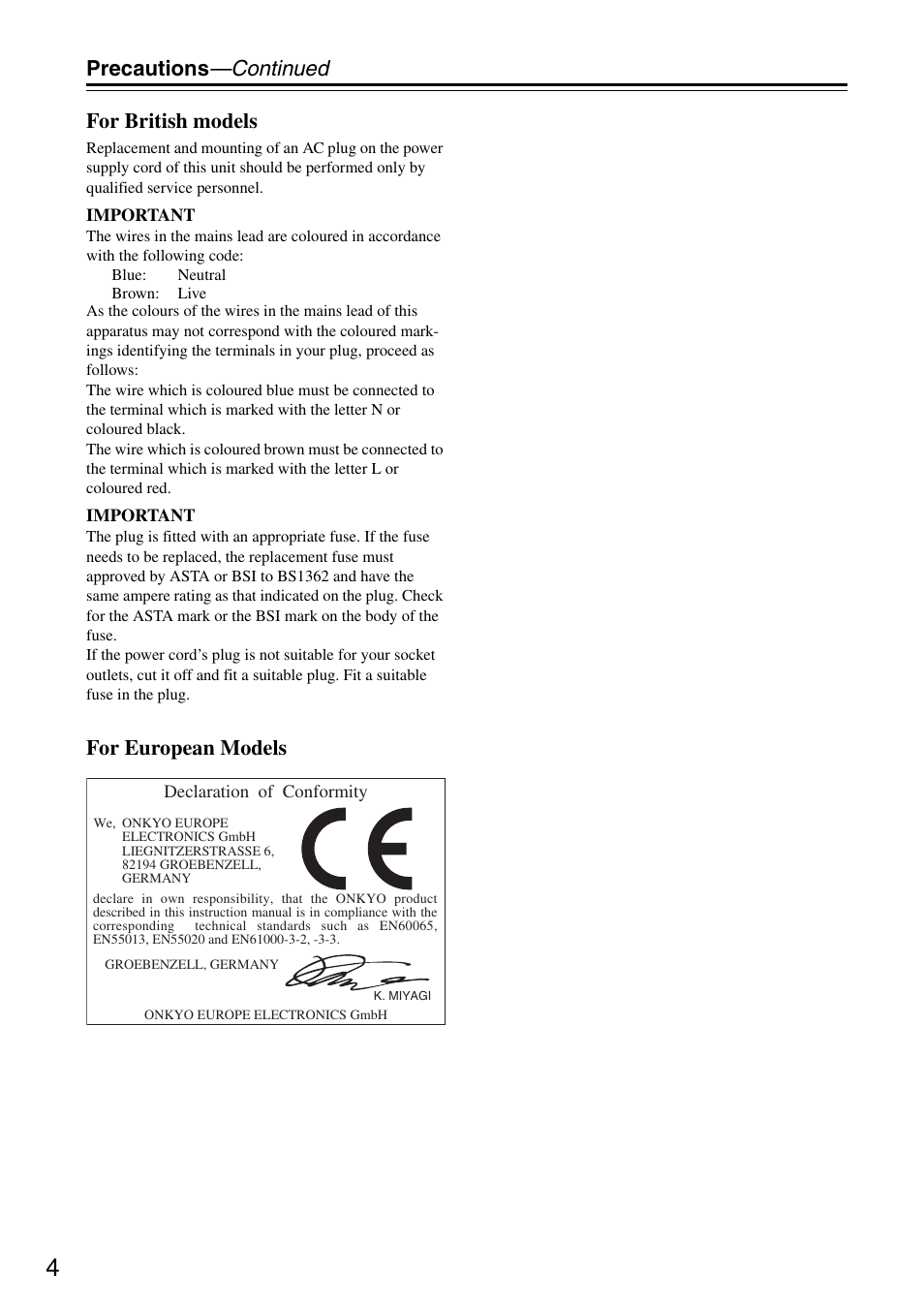 Precautions —continued for british models, For european models | Onkyo TX-SR876 User Manual | Page 4 / 150