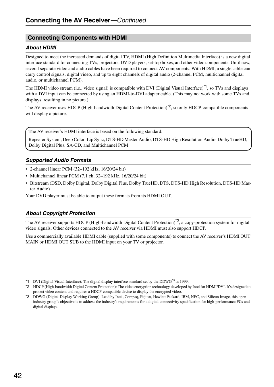 Connecting components with hdmi, Connecting the av receiver —continued | Onkyo TX-SR876 User Manual | Page 42 / 150