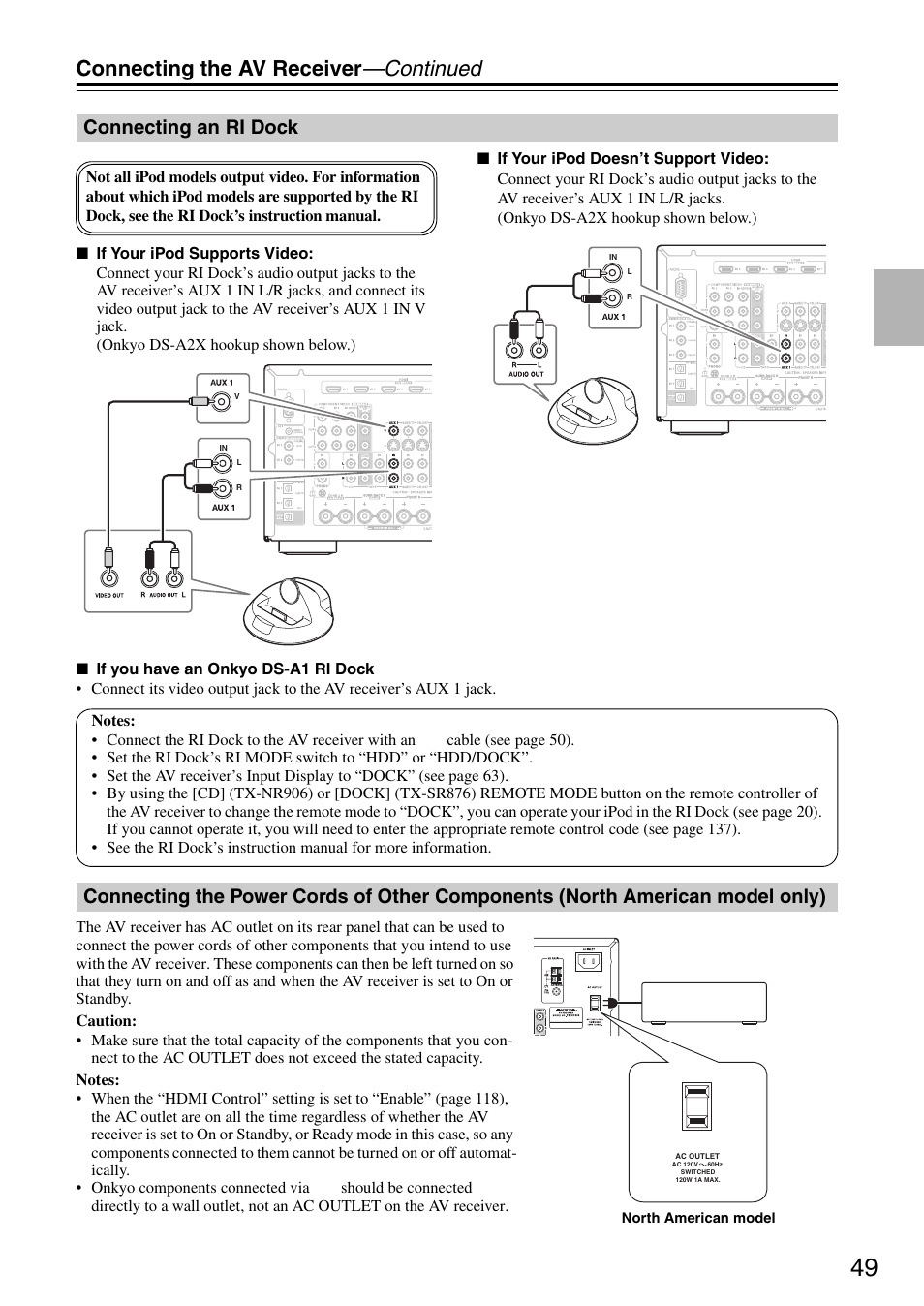 Connecting an ri dock, North american model only), Connecting the av receiver —continued | Onkyo TX-SR876 User Manual | Page 49 / 150