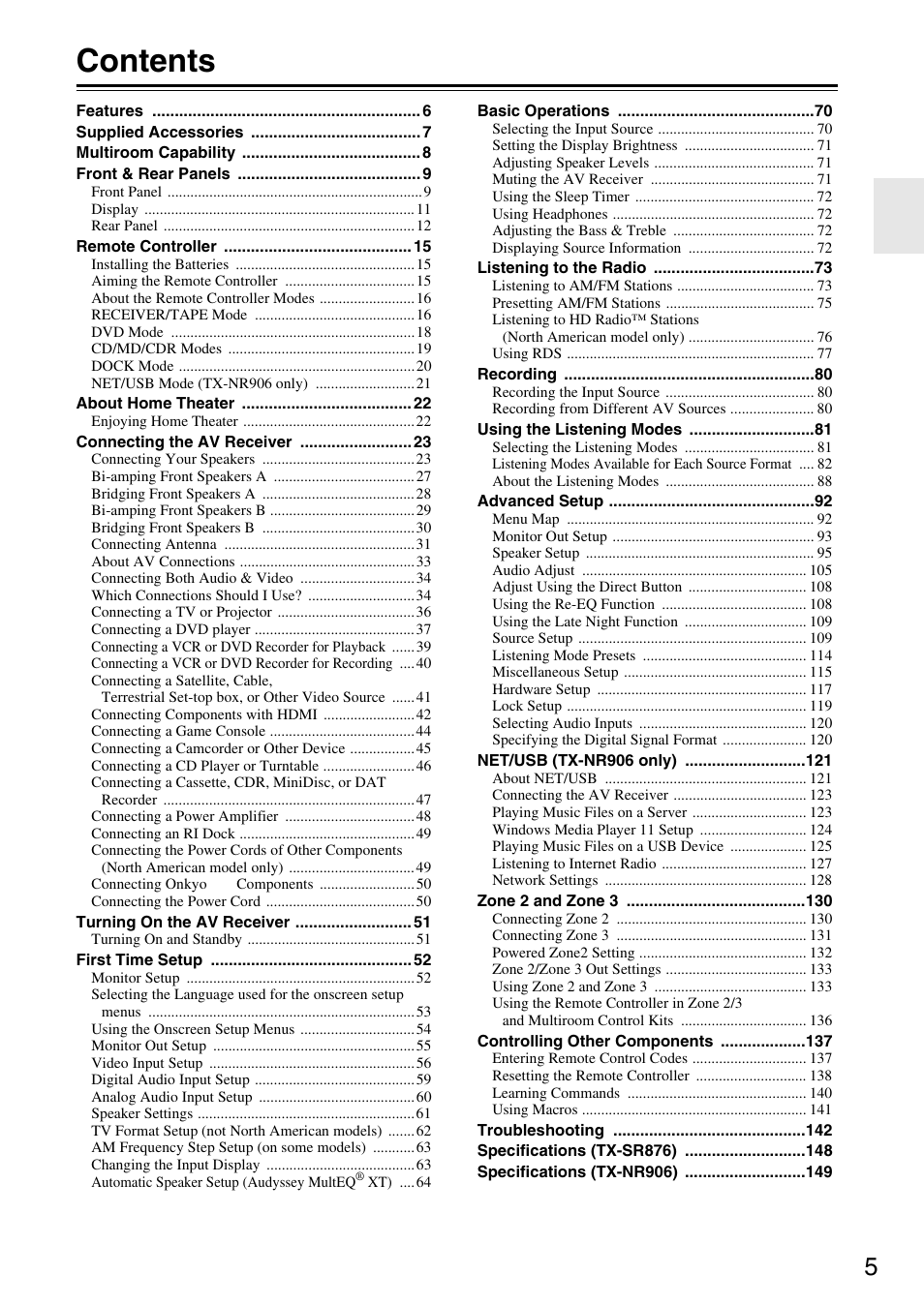 Onkyo TX-SR876 User Manual | Page 5 / 150