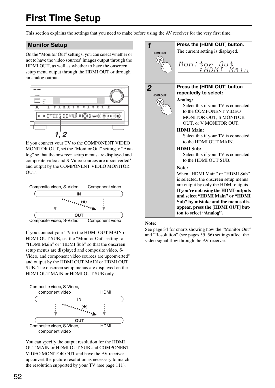 First time setup, Monitor setup | Onkyo TX-SR876 User Manual | Page 52 / 150
