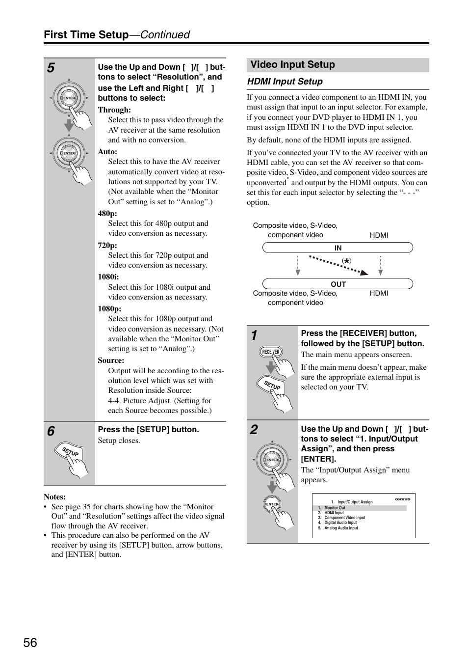 Video input setup, First time setup —continued | Onkyo TX-SR876 User Manual | Page 56 / 150