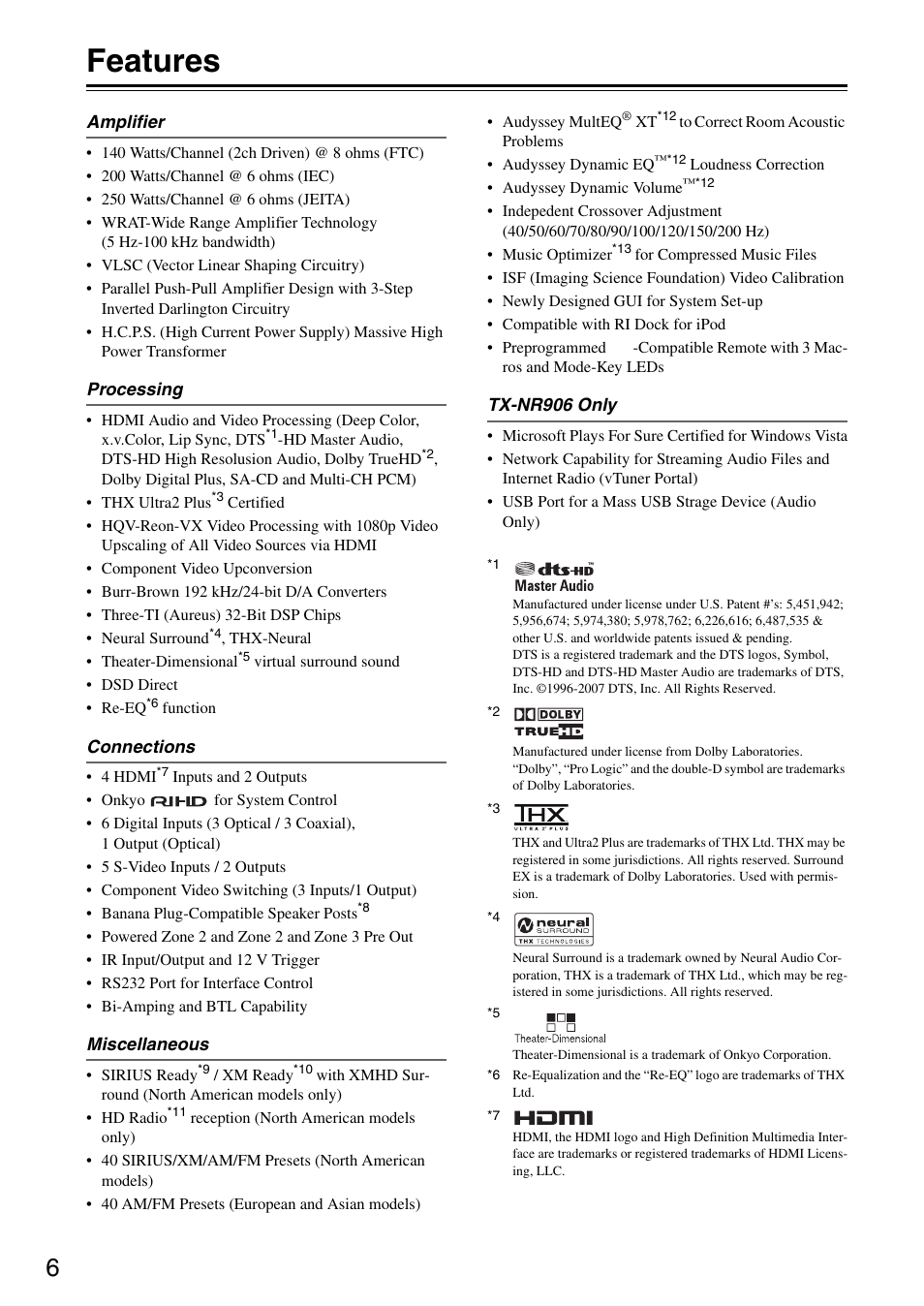 Features | Onkyo TX-SR876 User Manual | Page 6 / 150