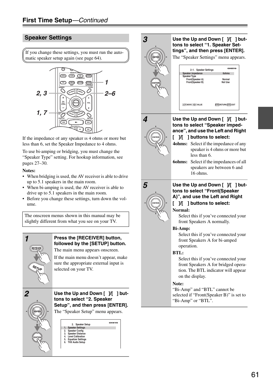 Speaker settings, Btl indicator (61), P. 61 | First time setup —continued | Onkyo TX-SR876 User Manual | Page 61 / 150