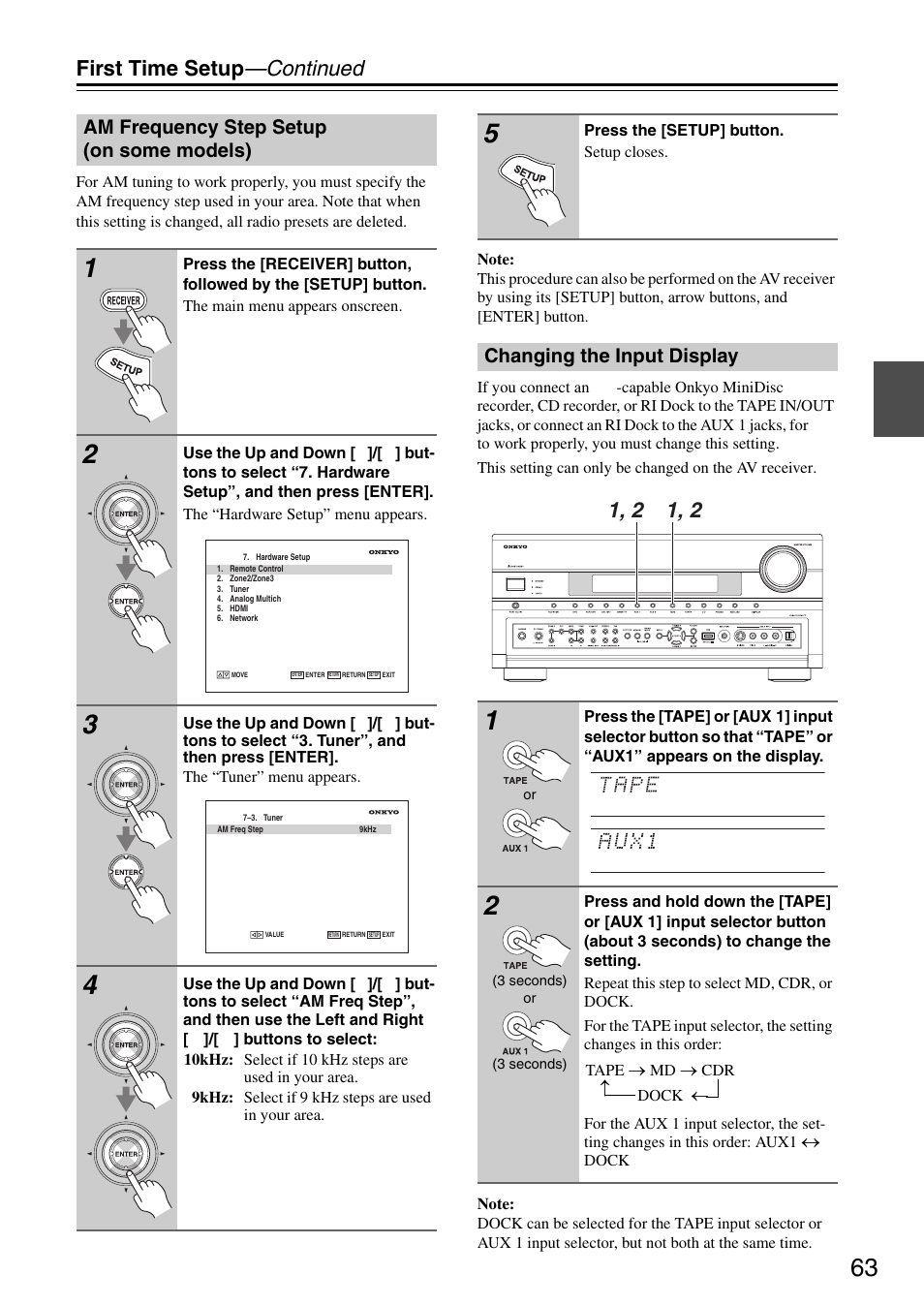 Am frequency step setup (on some models), Changing the input display, P. 63 | First time setup —continued | Onkyo TX-SR876 User Manual | Page 63 / 150