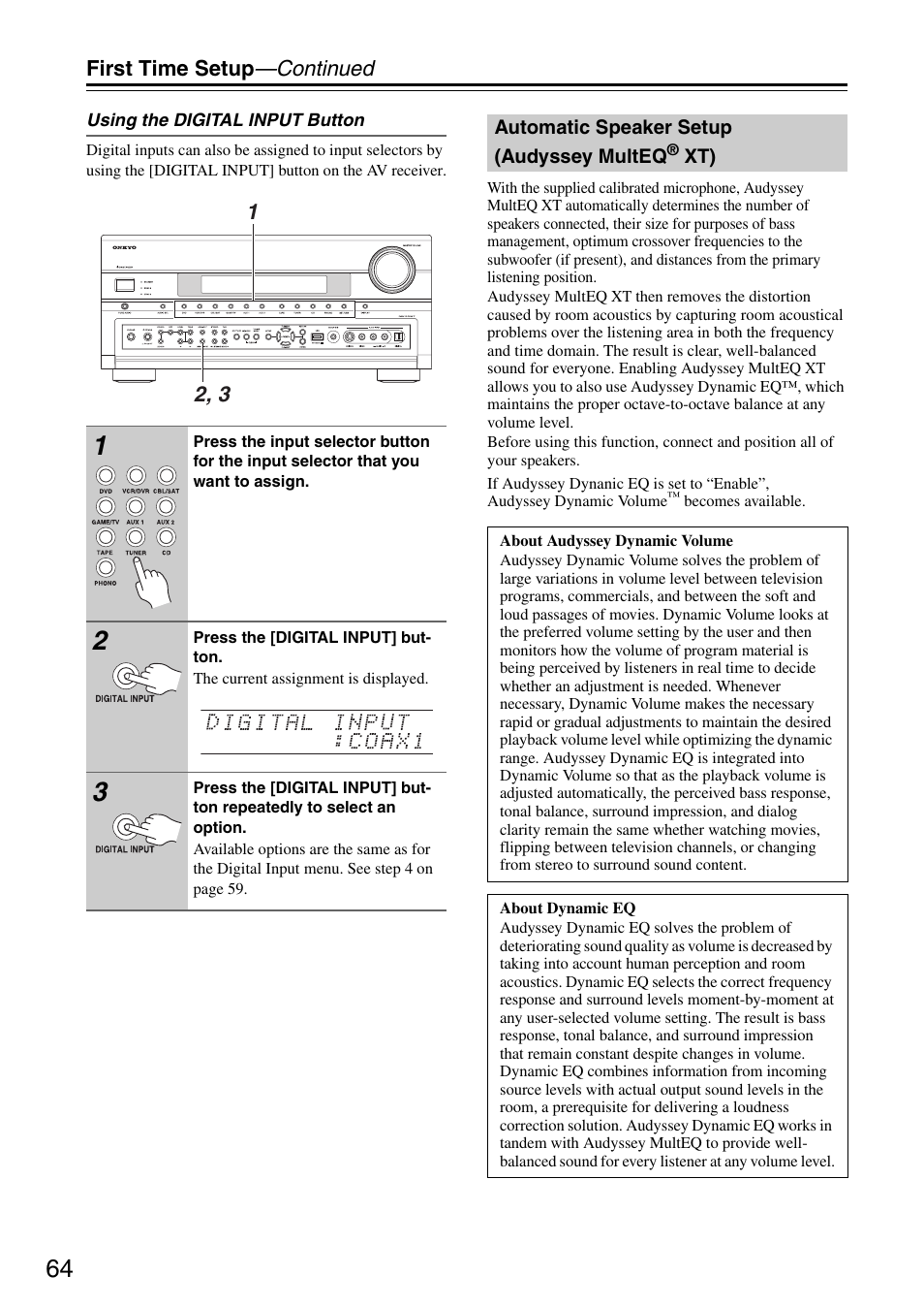 Automatic speaker setup (audyssey multeq(r) xt), Automatic speaker setup (audyssey multeq, N (64) | Tv vol | Onkyo TX-SR876 User Manual | Page 64 / 150