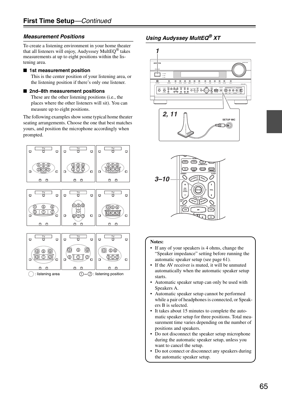 First time setup —continued, Measurement positions, Using audyssey multeq | Listening area : listening position | Onkyo TX-SR876 User Manual | Page 65 / 150