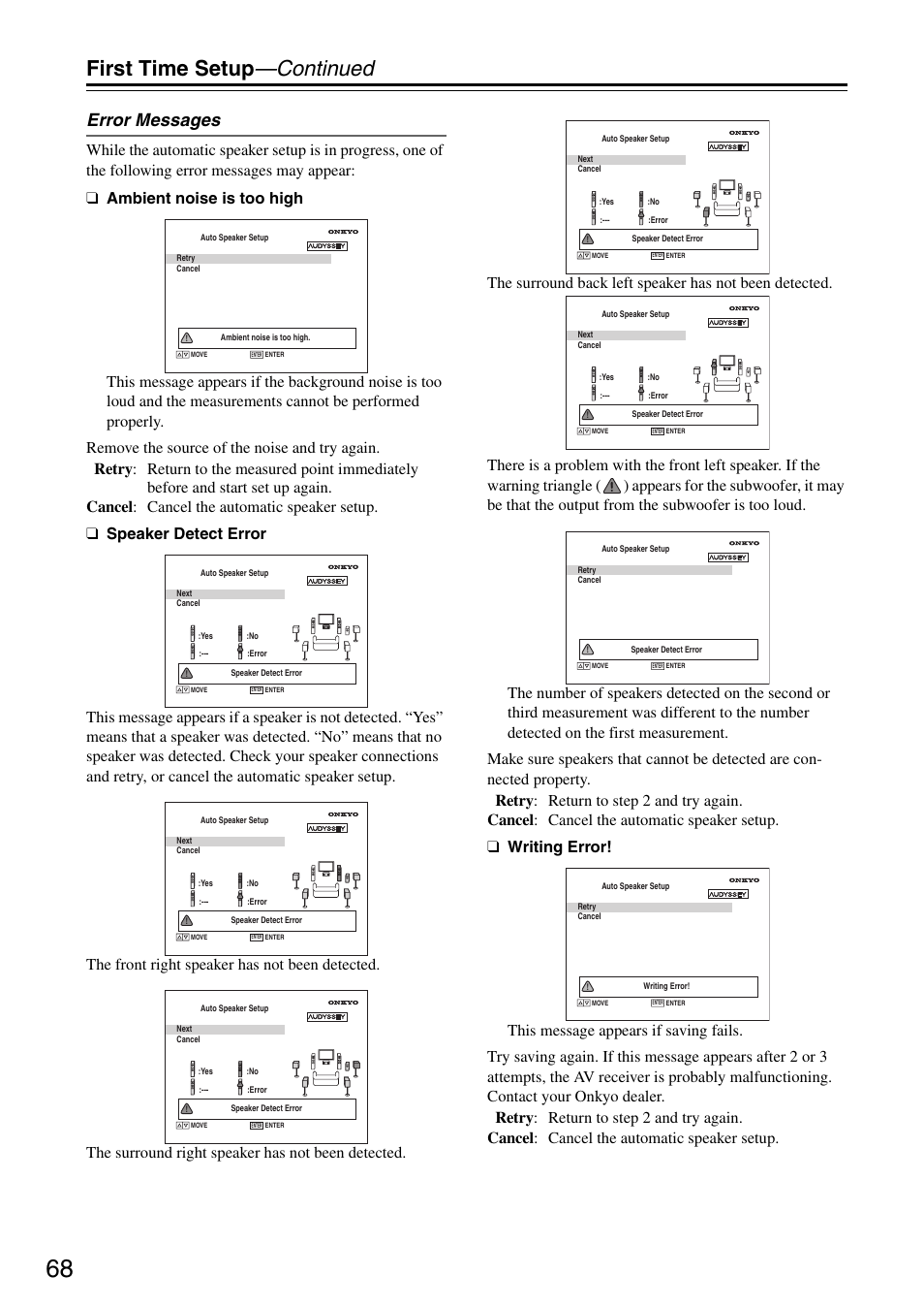 First time setup —continued, Error messages | Onkyo TX-SR876 User Manual | Page 68 / 150