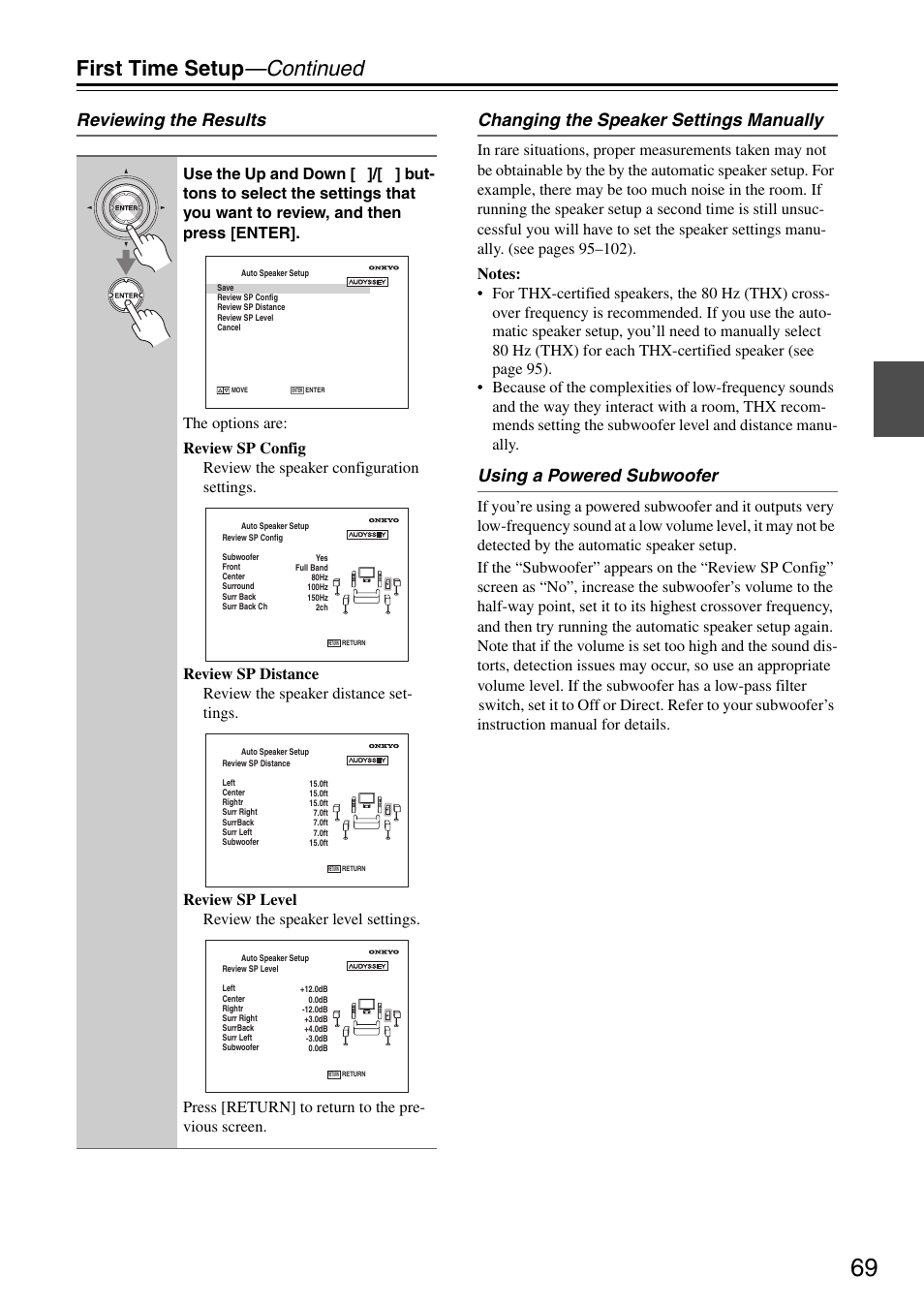 First time setup —continued, Using a powered subwoofer | Onkyo TX-SR876 User Manual | Page 69 / 150