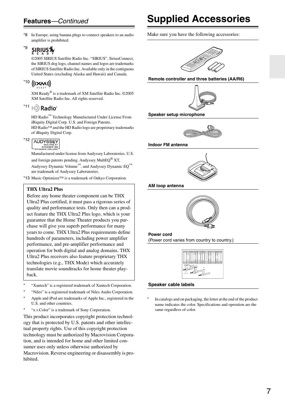 Supplied accessories, Features —continued, Make sure you have the following accessories | Speaker cable labels, Speaker cable, Xt, audyssey dynamic volume, And audyssey dynamic eq | Onkyo TX-SR876 User Manual | Page 7 / 150