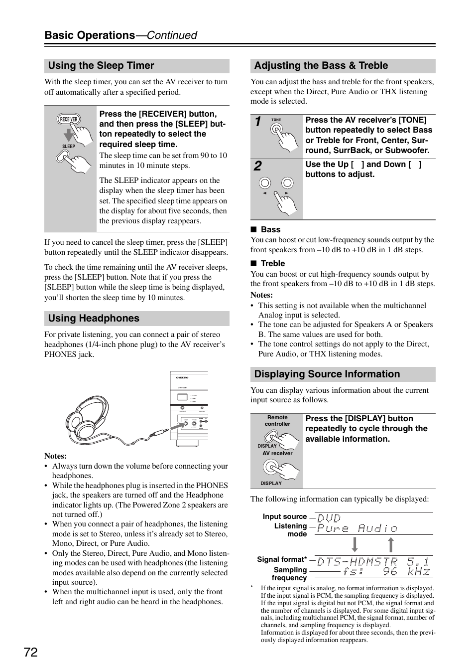 Using the sleep timer, Using headphones, Adjusting the bass & treble | Displaying source information, Tton (72), Cator (72), Basic operations —continued, Using headphones adjusting the bass & treble | Onkyo TX-SR876 User Manual | Page 72 / 150