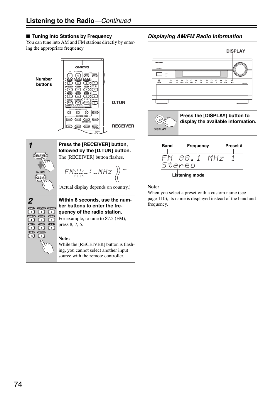 Listening to the radio —continued, Displaying am/fm radio information, D.tun receiver number buttons | Display band listening mode frequency preset | Onkyo TX-SR876 User Manual | Page 74 / 150