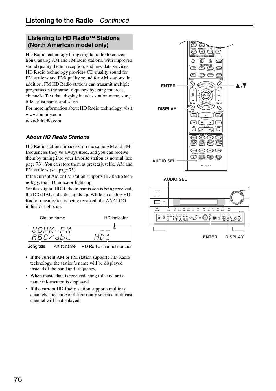 Listening to hd radio™ stations, North american model only), S (76 | Listening to the radio —continued, About hd radio stations, Display enter audio sel , audio sel enter display | Onkyo TX-SR876 User Manual | Page 76 / 150