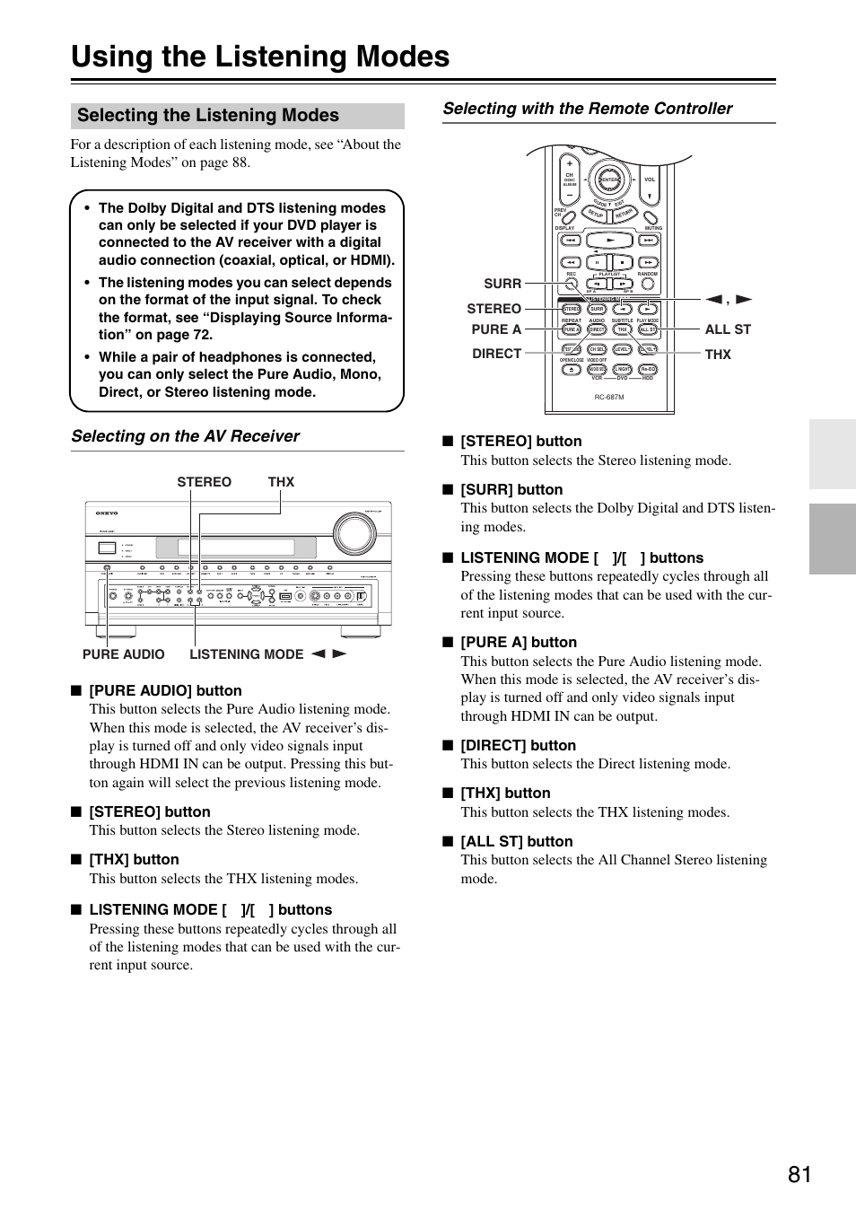 Using the listening modes, Selecting the listening modes, S 81 | Ttons (81), Selecting on the av receiver, Selecting with the remote controller, Pure audio stereo listening mode thx, Stereo pure a direct thx all st surr | Onkyo TX-SR876 User Manual | Page 81 / 150