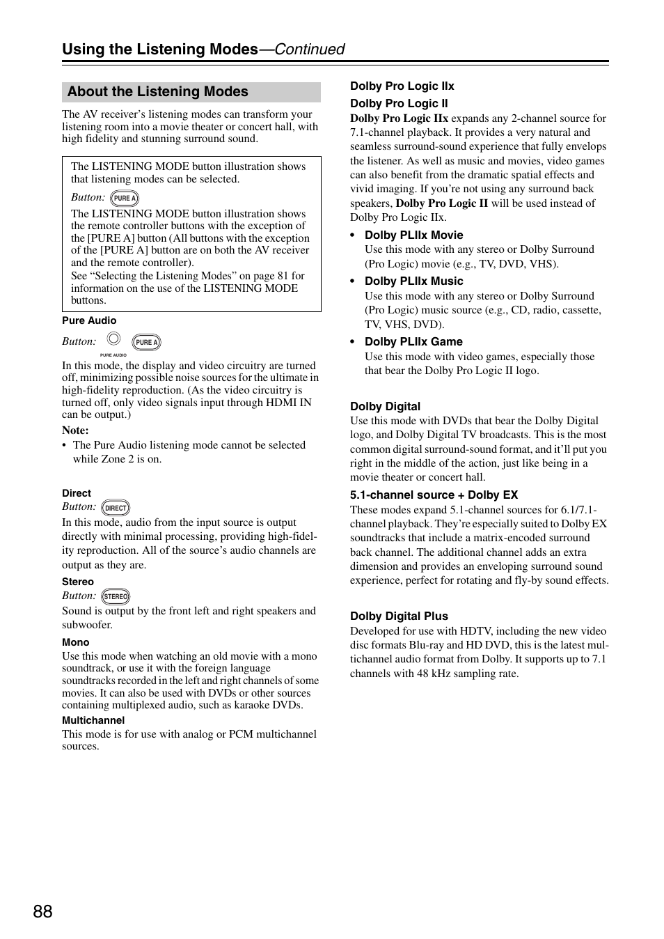 About the listening modes, Using the listening modes —continued | Onkyo TX-SR876 User Manual | Page 88 / 150