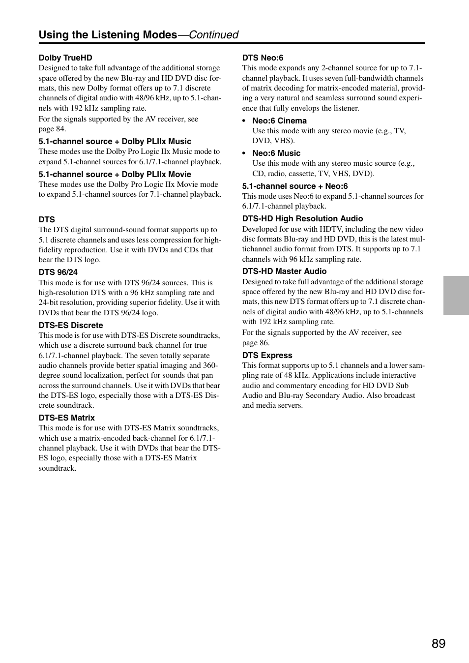 Using the listening modes —continued | Onkyo TX-SR876 User Manual | Page 89 / 150