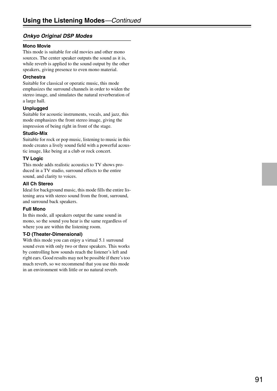 Using the listening modes —continued | Onkyo TX-SR876 User Manual | Page 91 / 150