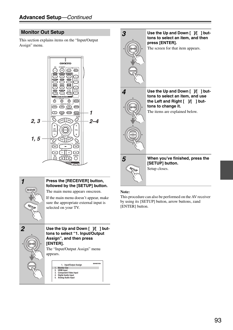 Monitor out setup, Advanced setup —continued | Onkyo TX-SR876 User Manual | Page 93 / 150