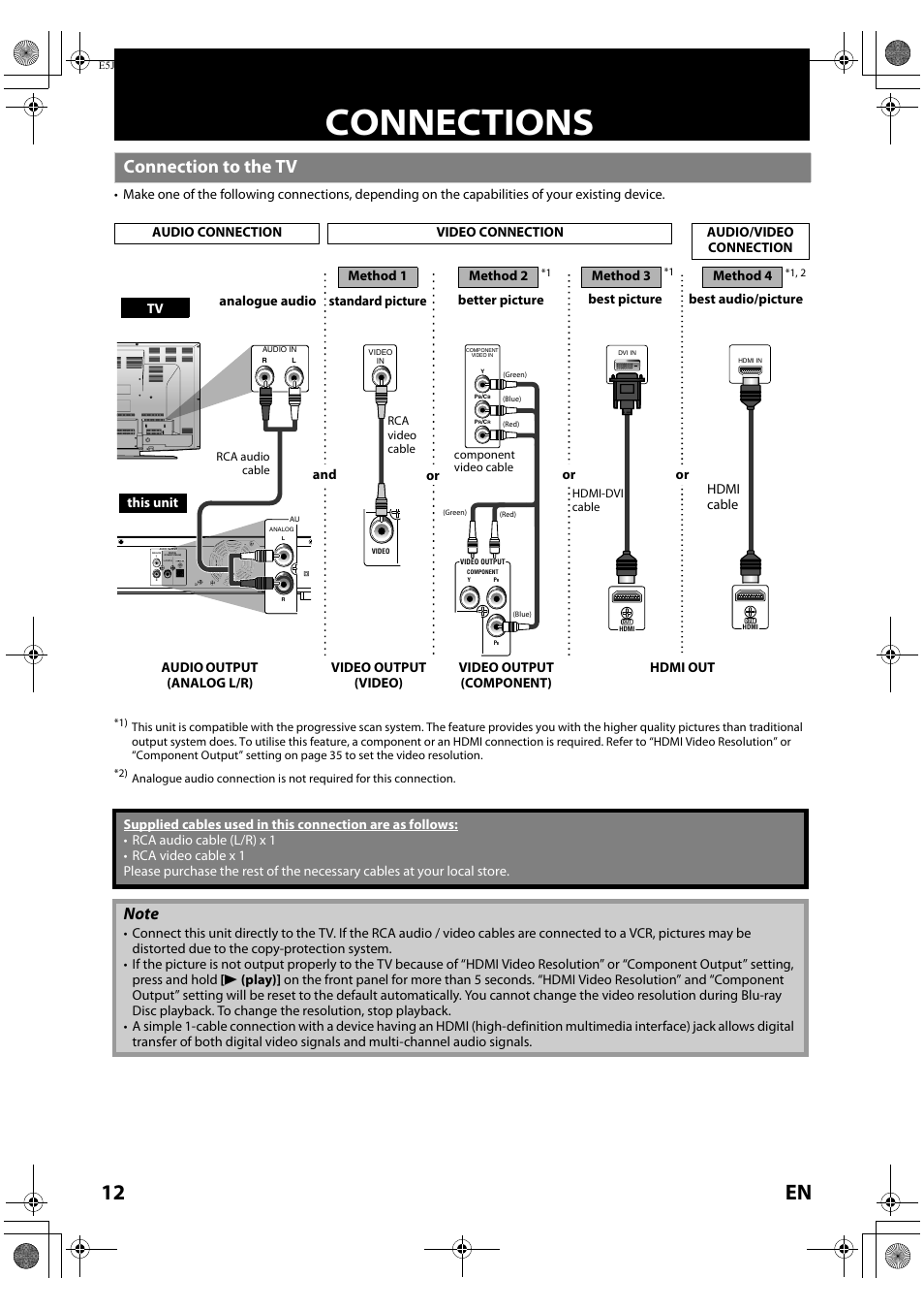 Connections, Connection to the tv, 12 en | And or or or, Hdmi cable, Method 3, Method 4 | Onkyo DV-BD606 User Manual | Page 12 / 48