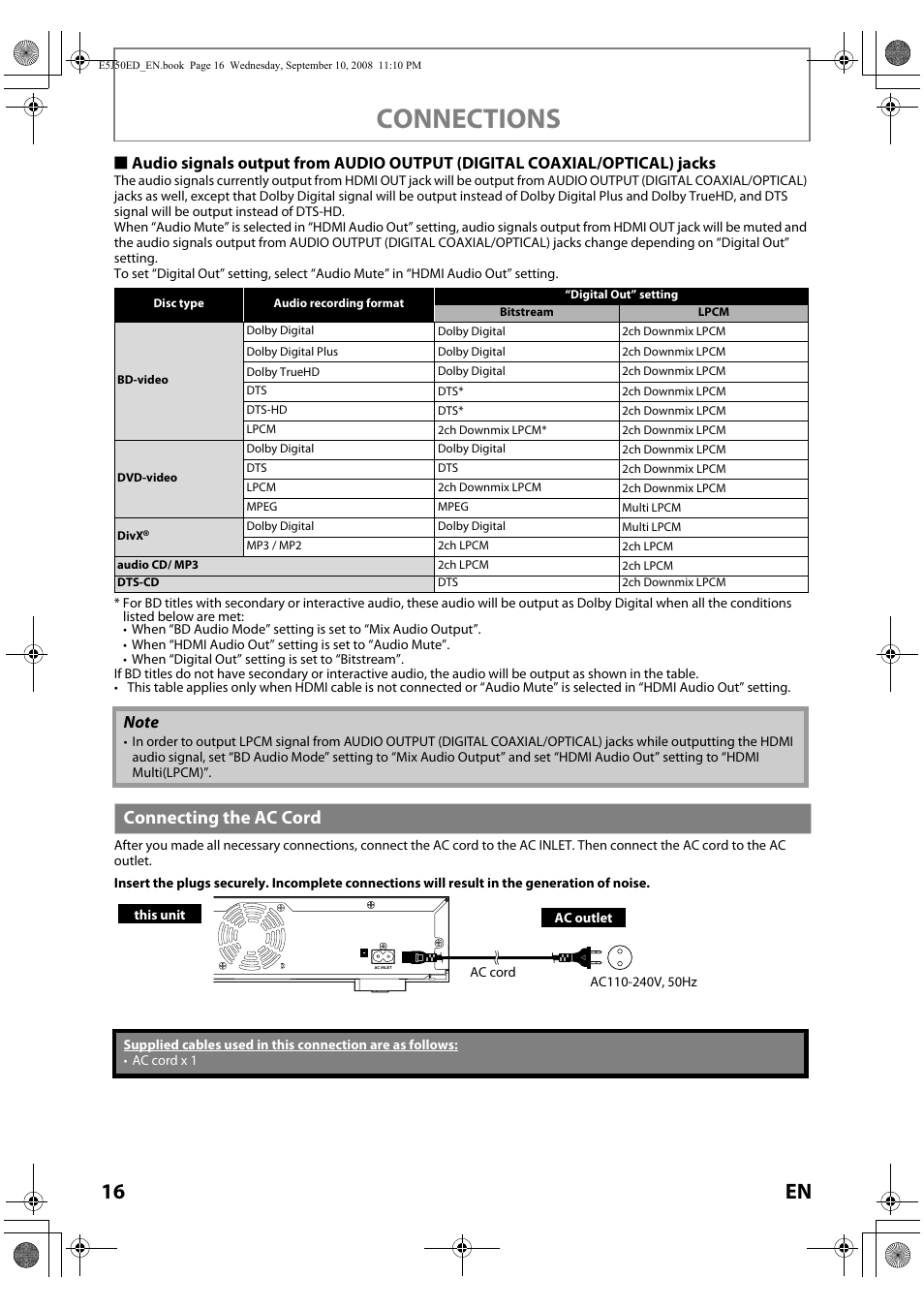 Connecting the ac cord, Connections | Onkyo DV-BD606 User Manual | Page 16 / 48