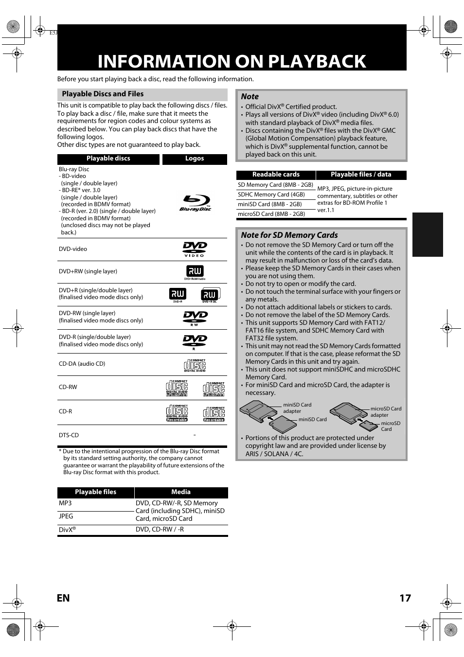 Information on playback, 17 en | Onkyo DV-BD606 User Manual | Page 17 / 48