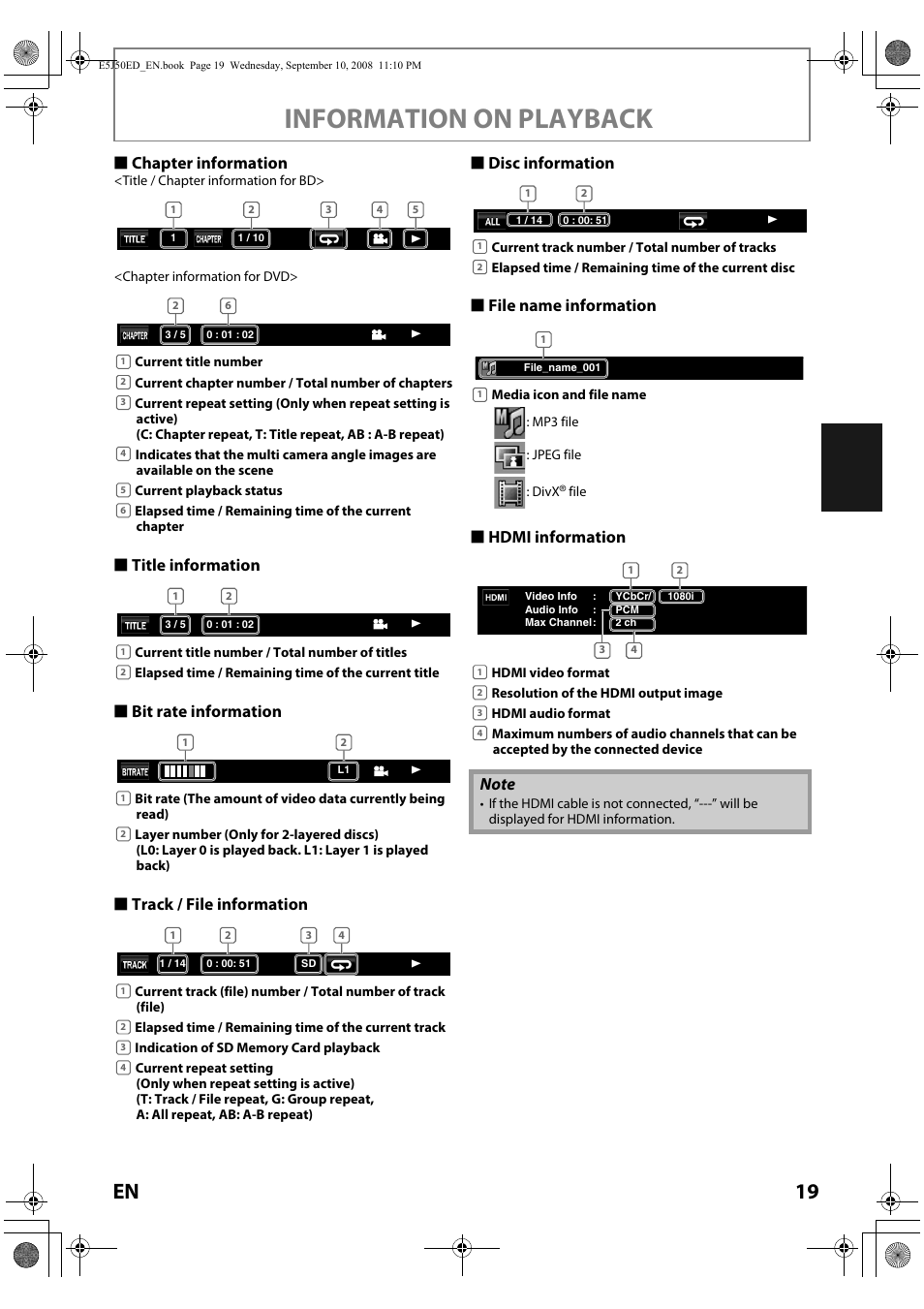 Information on playback, S chapter information, S title information | S bit rate information, S track / file information, S disc information, S file name information, S hdmi information | Onkyo DV-BD606 User Manual | Page 19 / 48