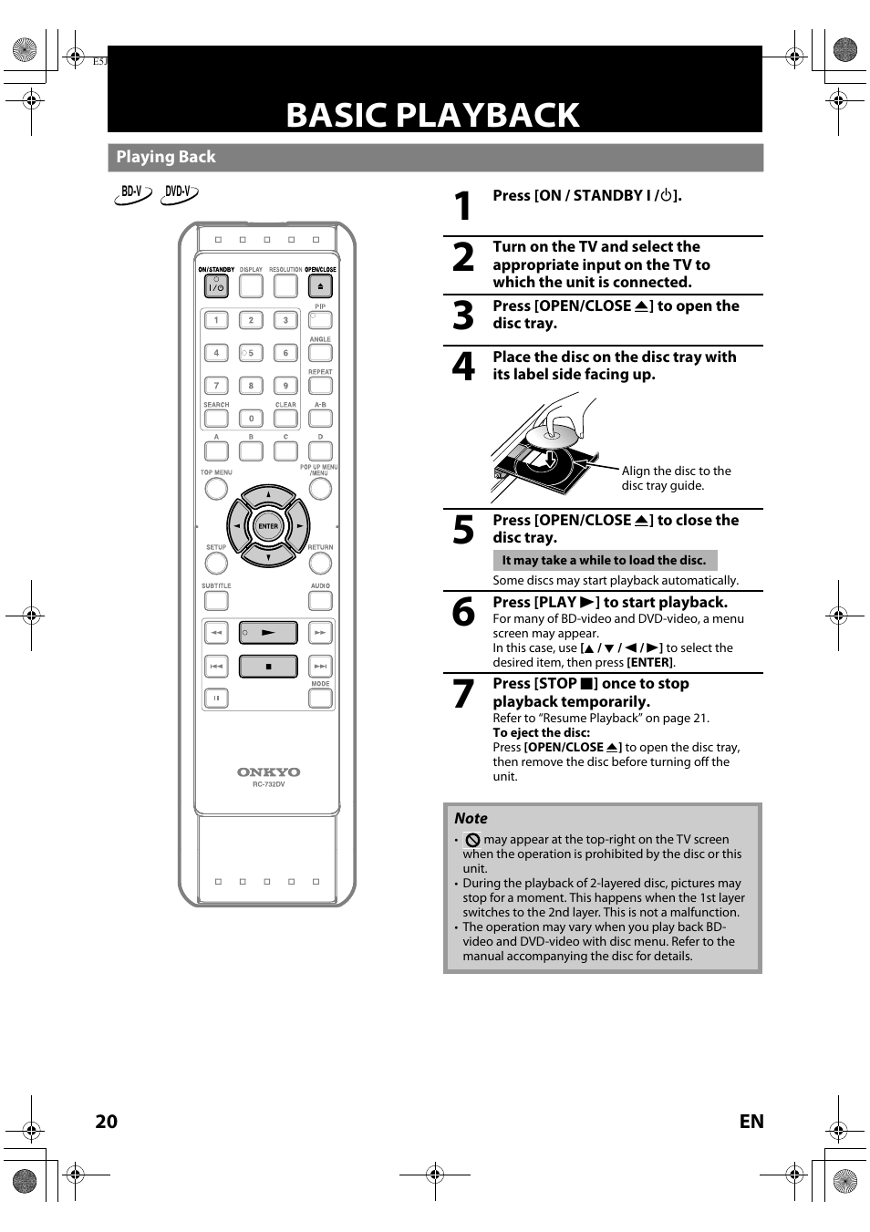 Basic playback, Playing back | Onkyo DV-BD606 User Manual | Page 20 / 48