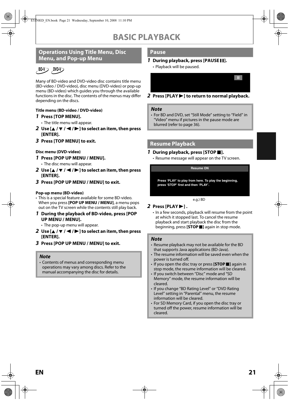 Basic playback | Onkyo DV-BD606 User Manual | Page 21 / 48