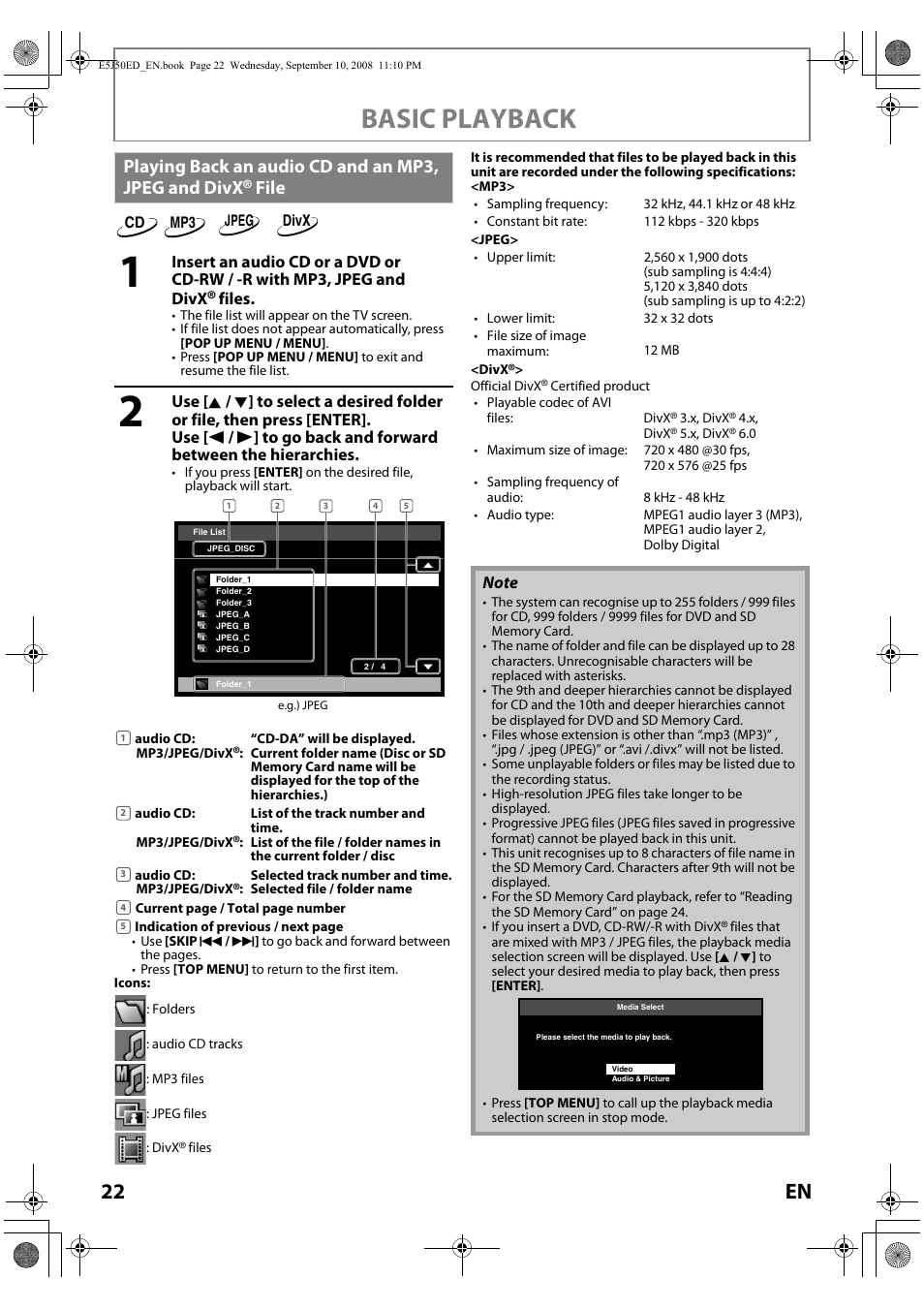 Basic playback, Playing back an audio cd and an mp3, jpeg and divx, File | Fil es | Onkyo DV-BD606 User Manual | Page 22 / 48