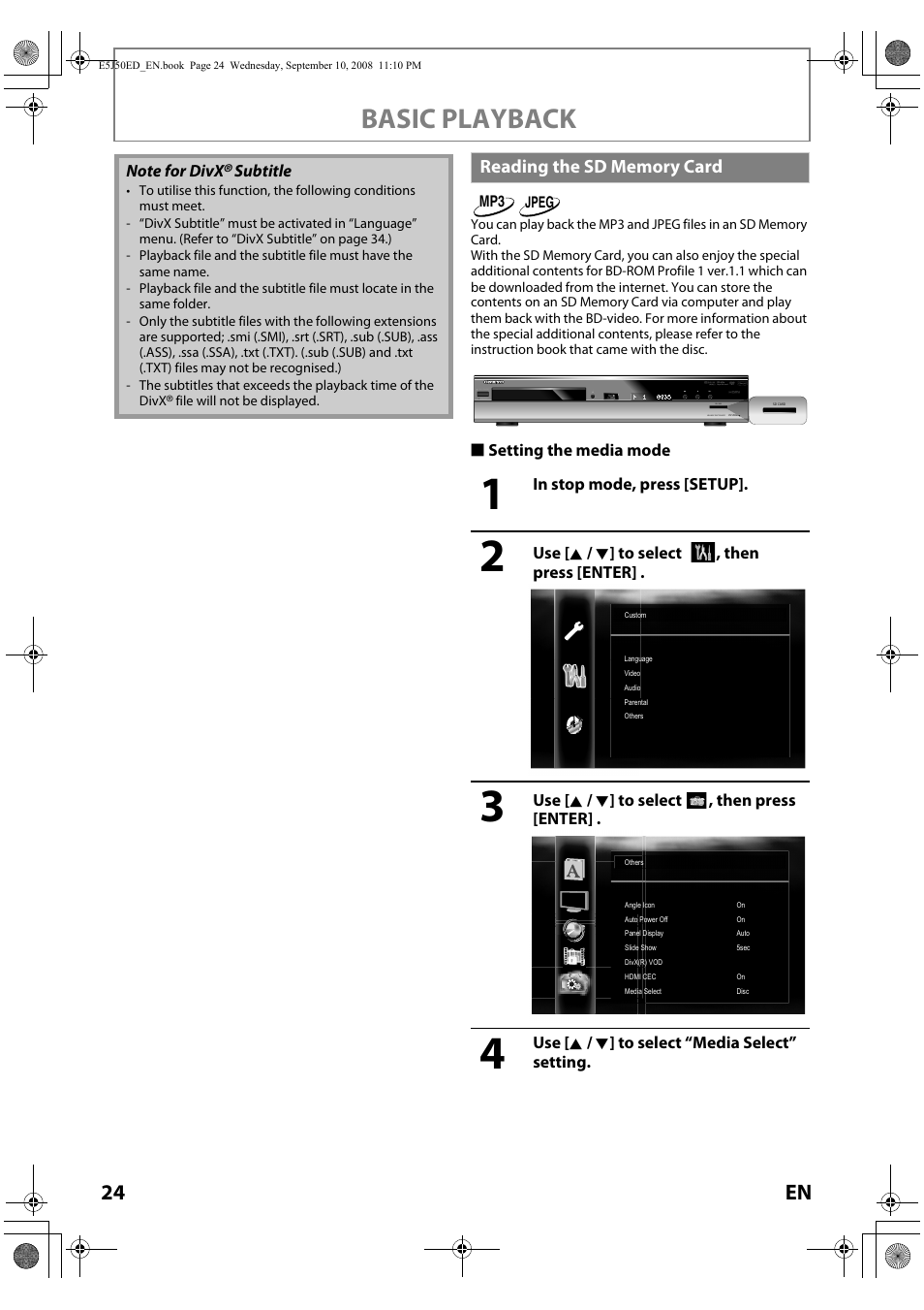 Reading the sd memory card, Basic playback | Onkyo DV-BD606 User Manual | Page 24 / 48