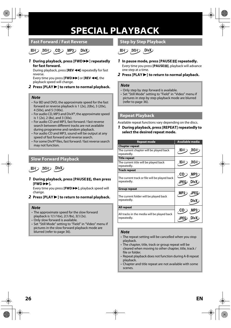 Special playback, 26 en, Fast forward / fast reverse | Slow forward playback, Step by step playback, Repeat playback | Onkyo DV-BD606 User Manual | Page 26 / 48