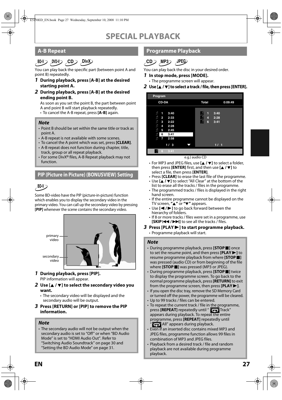 Special playback, A-b repeat, Pip (picture in pict ure) (bonusview) set ting | Programme playback | Onkyo DV-BD606 User Manual | Page 27 / 48