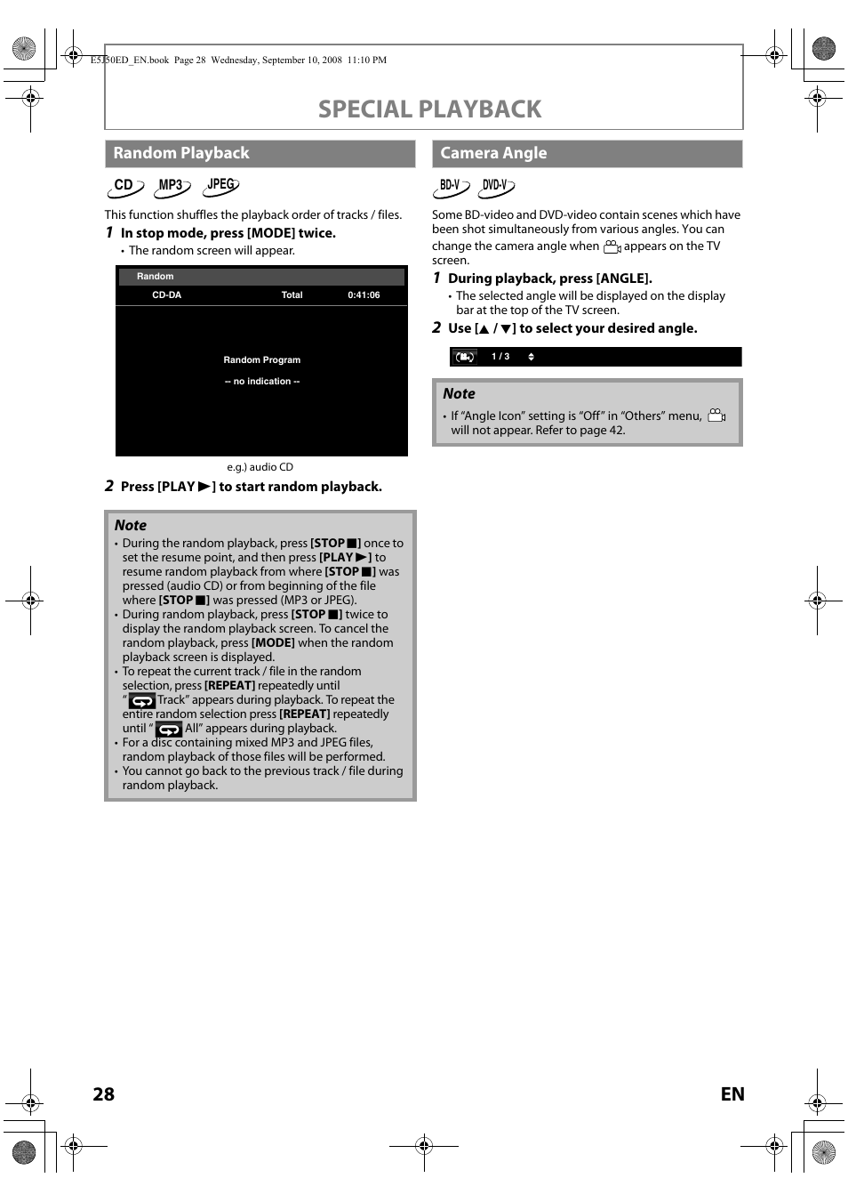 Random playback camera angle, Special playback, Random playback | Camera angle | Onkyo DV-BD606 User Manual | Page 28 / 48