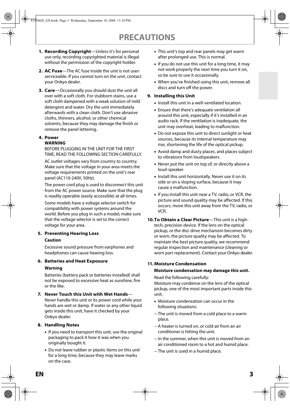 Precautions | Onkyo DV-BD606 User Manual | Page 3 / 48