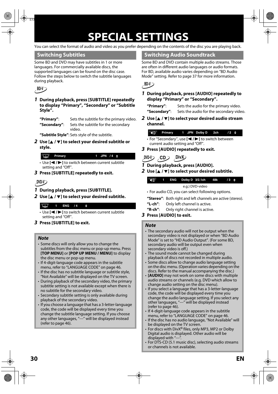 Special settings, Switching subtitles switching audio soundtrack, 30 en | Switching subtitles, Switching audio soundtrack | Onkyo DV-BD606 User Manual | Page 30 / 48