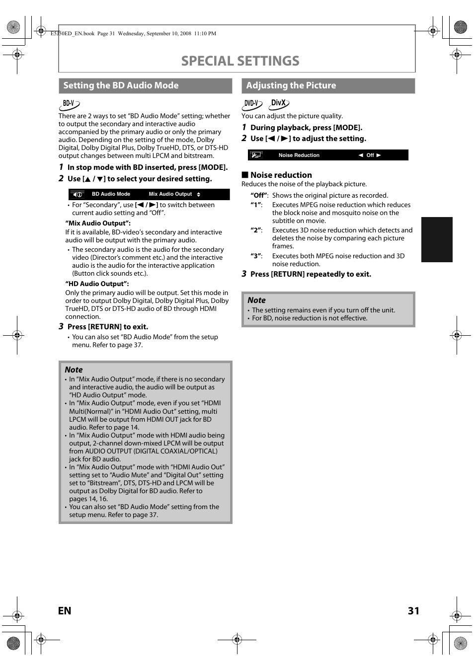 Setting the bd audio mode adjusting the picture, Special settings, Setting the bd audio mode | Adjusting the picture | Onkyo DV-BD606 User Manual | Page 31 / 48