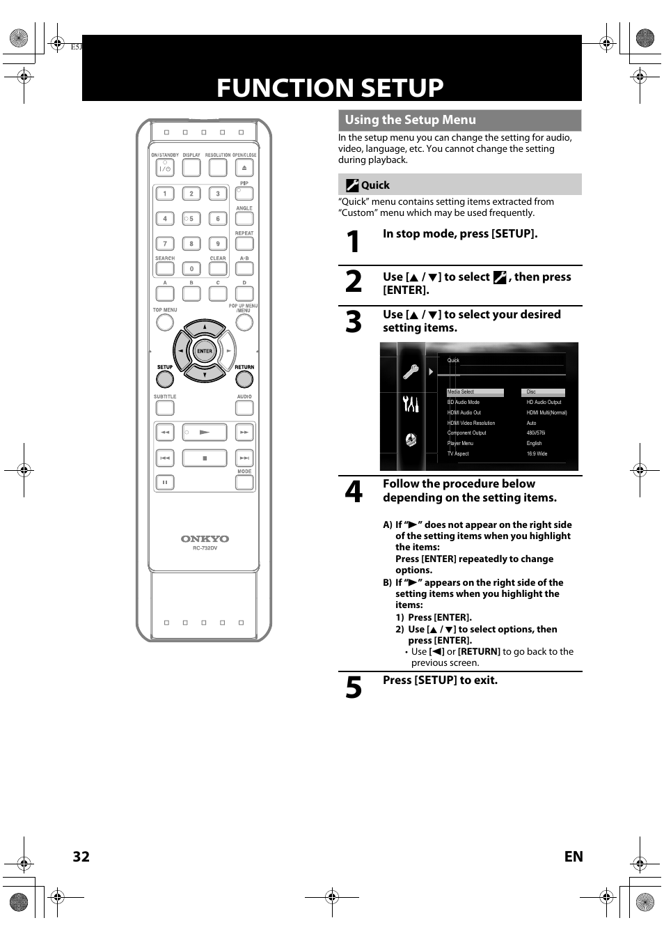 Function setup, Using the setup menu, 32 en | Onkyo DV-BD606 User Manual | Page 32 / 48