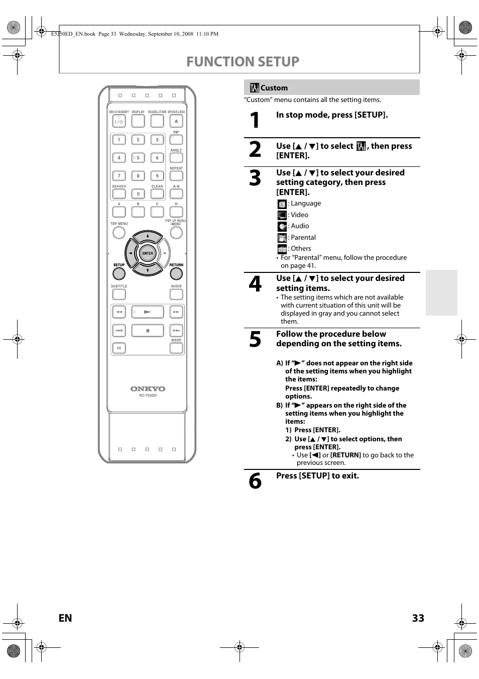 Function setup | Onkyo DV-BD606 User Manual | Page 33 / 48